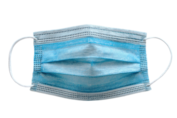 Blue surgical mask, folds, white elastic loops on black