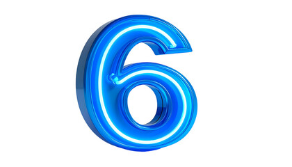 A luminous, three-dimensional number six in a vibrant blue hue, accented by a bright neon-like inner glow, isolated against a solid black backdrop