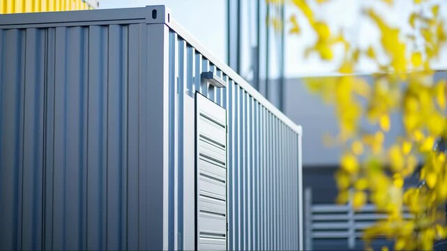 Blue corrugated metal storage container and yellow foliage