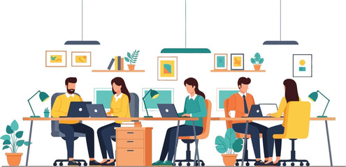 Five diverse coworkers diligently working together on laptops at a long modern office desk promoting team collaboration and productivity