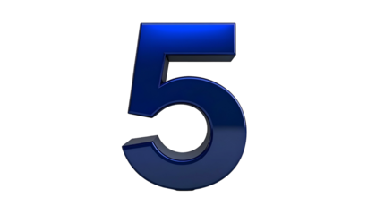 A glossy, three-dimensional numeral "5" is depicted in a vibrant blue hue, set against a stark black backdrop. The figure has a subtle shadow