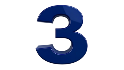 A glossy, three-dimensional number "3" is rendered in a deep blue hue against a black background. The shape is bold and modern