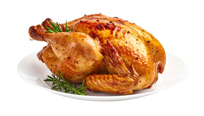 A golden-brown, roasted poultry dish, resting on a white plate with fresh green herb sprigs as garnish