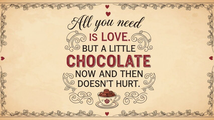 A vector graphic illustration of a romantic quote about love and chocolate in a decorative design