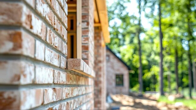 Brick house exterior close up blurred woodland background
