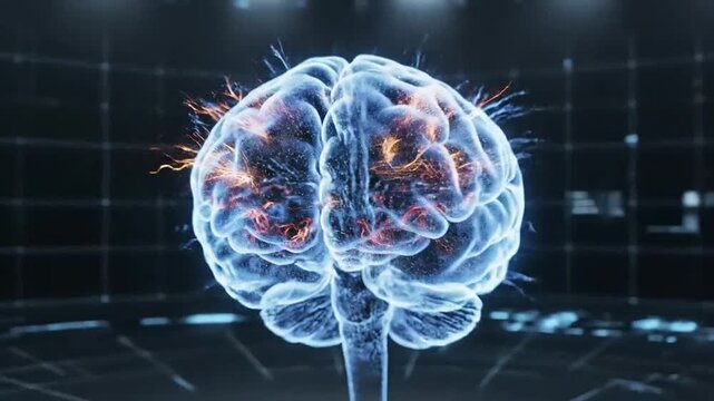 Digital visualization of the human brain with glowing neural activity, symbolizing advanced thinking, scientific research, and complex cognitive functions