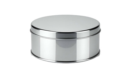 A cylindrical container with a rounded top and a reflective, metallic surface. The object sits on a black background