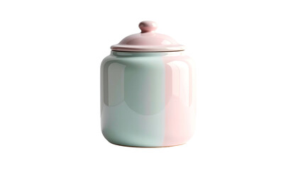 A cylindrical ceramic container with a matching lid. The container has a rounded design with a two-tone color scheme half teal and half pastel pink. The lid has a small rounded knob