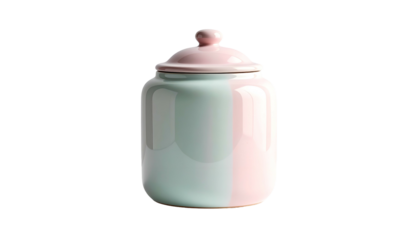 A cylindrical ceramic container with a matching lid. The container has a rounded design with a two-tone color scheme half teal and half pastel pink. The lid has a small rounded knob