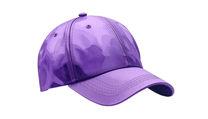 A close-up view presents a lavender cap featuring a curved visor and stitched detailing, positioned on a black background