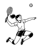 A cheerful female padel player jumps to hit a high volley or smash, depicted in a minimalist black and white vector line art illustration
