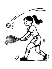 Stylized vector line art depicts a smiling woman playing padel, executing a forehand stroke with a racket to hit the speeding ball