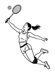 A dynamic vector illustration of a happy woman jumping high to hit a padel ball with an energetic overhead shot, depicted in a bold  outline