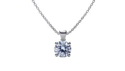 A close-up studio shot showcasing a delicate, solitaire pendant necklace. The silver chain supports a brilliant-cut diamond