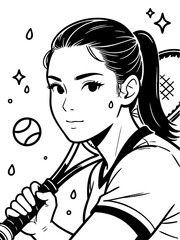 A dynamic vector portrait of a strong female padel player holding her racket, rendered in bold black and white monochrome manga style with sweat