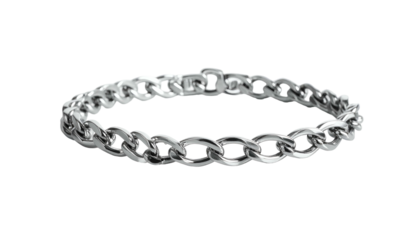 A close-up shot of a silver bracelet, featuring interconnected oval links, presented against a stark black backdrop. The lighting highlights its metallic sheen