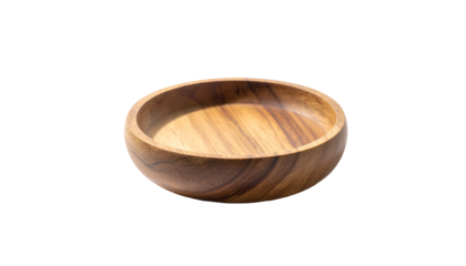A close-up shot of an empty, round wooden bowl with visible wood grain, set against a solid black background. The bowl appears polished