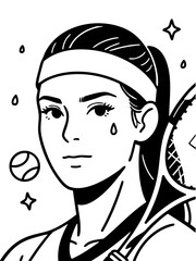 A determined female padel player portrait in black and white line art style, featuring a sweatband, racket, and tennis ball graphics
