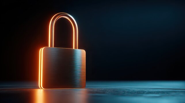Illuminated Metal Padlock with Orange Glow on Concrete Surface in Dark Room Security and Protection Concept - Powered by Adobe