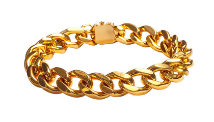 A close-up shot of a lavish, thick, golden chain bracelet. The links are connected, the clasp secure, and the piece shines brightly