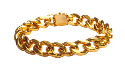 A close-up shot of a lavish, thick, golden chain bracelet. The links are connected, the clasp secure, and the piece shines brightly