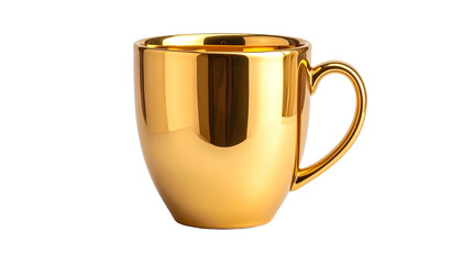 A close-up shot of a highly reflective gold-colored mug with a curved handle on a black background