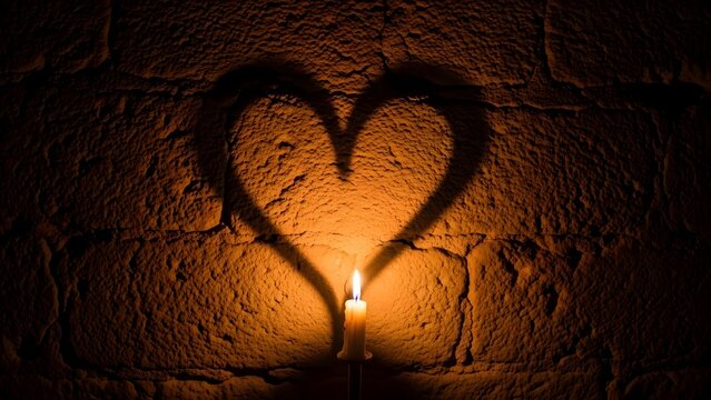 Single lit candle casting large heart shaped shadow on rustic stone wall in dark room