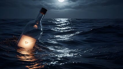 Message in a bottle with glowing heart floats on moonlit ocean waves at night