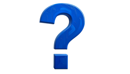 A 3D rendered question mark in a vibrant shade of blue, appears to be made of a glassy material on a black background