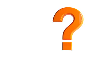 A 3D rendered orange question mark against a stark black backdrop. It's glossy, suggesting a digital creation with highlights. The shape signifies inquiry