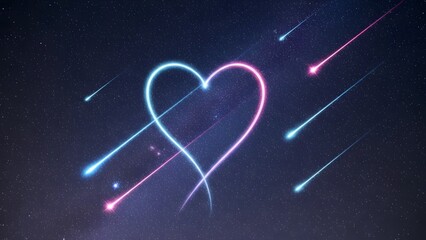 Neon heart shape with shooting stars against starry night sky background