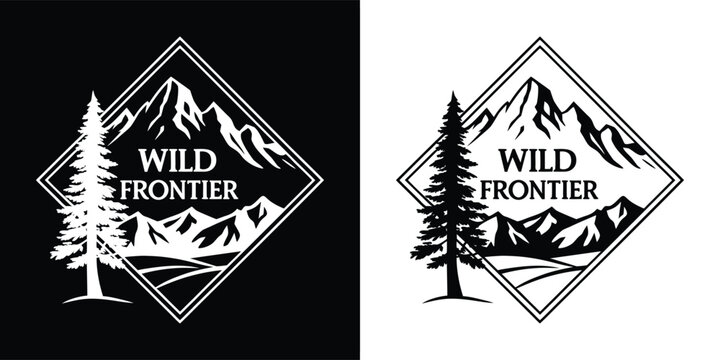 Wild frontier mountain and pine tree logo design in black and white, representing adventure, nature, and outdoor exploration