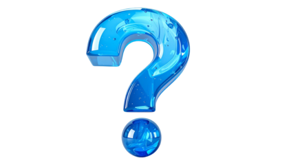 A 3D render of a glossy blue question mark, filled with liquid, floating against a solid black background