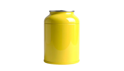 A 3D render of a cylindrical container with a bright yellow body and a silver top, against a black background