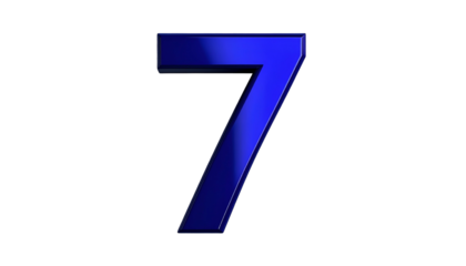 A 3D digital rendering of the number "7" in a metallic, gradient blue against a black background. The number has a slight bevel effect