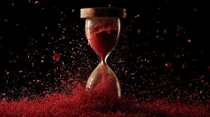 Hourglass Filled with Shiny Red Glitter against Black Backdrop Time Passing Concept