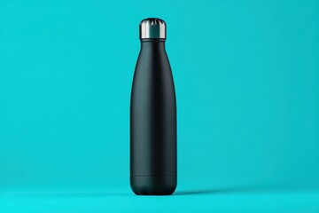 Matte Black Reusable Water Bottle with Silver Lid on Teal Background for Sustainable Lifestyle and Hydration