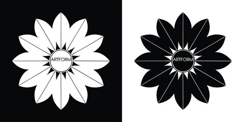 Abstract black and white floral design with radiating petals and central circle, showcasing positive and negative space contrast and symmetry