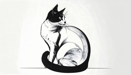 Elegant Black and White Cat Sitting Gracefully.