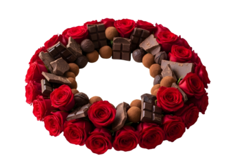 Wreath made of red roses and chocolate on transparent background for valentines day