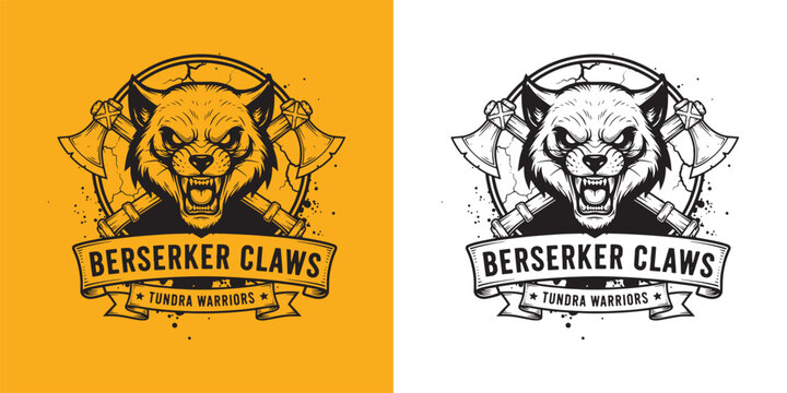 Berserker Claws Tundra Warriors Logo, Wild Cat Bobcat Mascot with Crossed Battle Axes