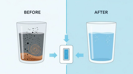 Water purification process with filter, before and after glass comparison, clean drinking water concept, healthy hydration, water treatment, filtration