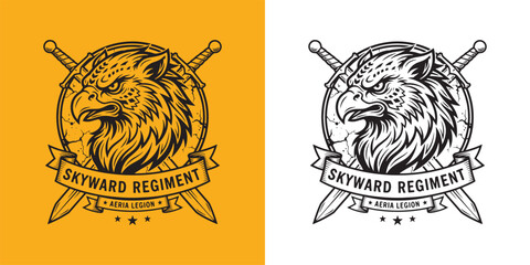 Skyward Regiment Eagle Mascot Logo Design, Fierce Griffin Head Emblem with Crossed Swords and Ribbon