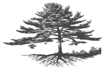 Monochrome Detailed Illustration of a Solitary Pine Tree with Visible Roots and Textured Foliage Against a White Background