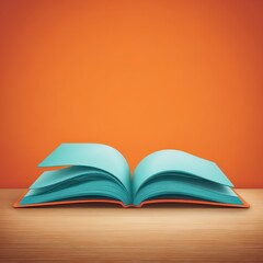 Open Blue Book with Orange Edges on Wooden Table Against Orange Wall with Soft Lighting