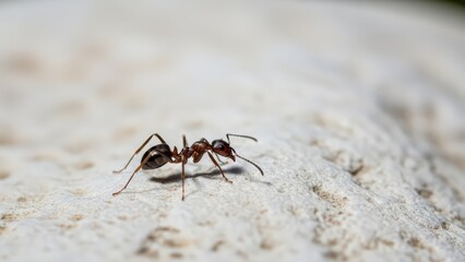 A small dark ant is captured in a detailed close-up, walking on a light, textured surface.