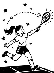 A smiling female player executes a dynamic volley shot with a racket and ball in this energetic, hand-drawn black and white vector graphic