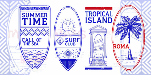 Stylized surfboards depicting summer themes travel destinations and vintage designs © Suvro