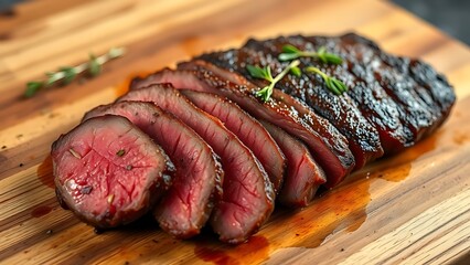 mediumrare. Sliced medium-rare ribeye steak on a wooden board, garnished with fresh herbs. menu design, packaging mockups, designed for culinary blogs and recipe cards for restaurants.