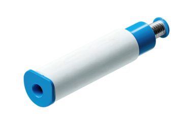 White cylindrical filter with blue ends and threaded fitting